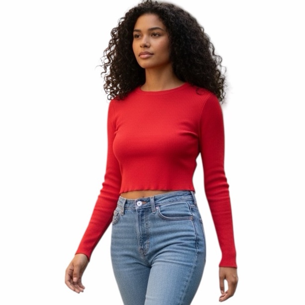 Zara•Pink Ribbed Long Sleeve Crop Top